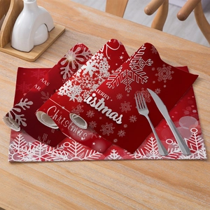 Christmas red cotton linen placemat with white snowflakes and Merry Christmas typography