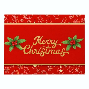 Red Christmas cotton linen placemat with gold holiday patterns and Merry Christmas text