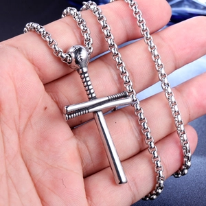 Collier croix en acier inoxydable pour homme avec pendentif baseball et chaîne serpent