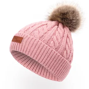 Bonnet D'hiver Pour Enfants Avec Pompon En Fausse Fourrure Amovible Tricot Torsadé Chaud En Acrylique Pour Garçons Et Filles
