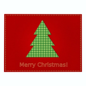 Christmas red linen table mat with green plaid tree and Merry Christmas text