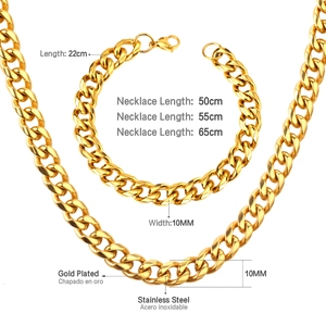Size guide for 10mm gold plated stainless steel Cuban chain necklace and bracelet set