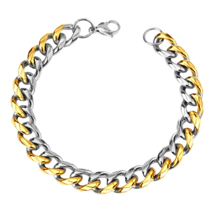 Detailed close-up of 10mm two-tone gold and silver Cuban chain bracelet with lobster clasp