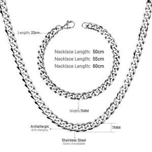 Stainless steel Cuban link necklace and bracelet set featuring 7mm width in silver finish