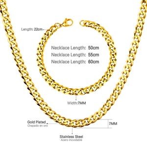 Detailed specs of 7mm gold plated stainless steel Cuban link necklace and bracelet set