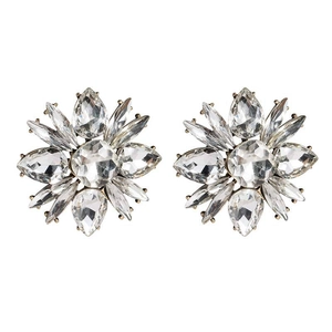 Elegant silver alloy floral stud earrings with sparkling rhinestones in a sunburst design