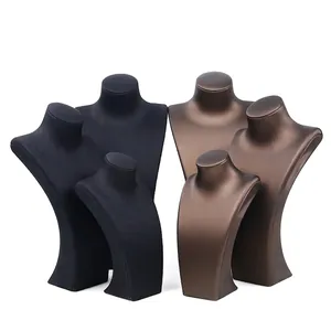 Professional brushed leather jewelry necklace display stands in black and brown finishes