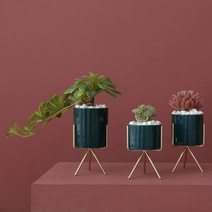 Three-piece set of faux succulents in dark green ceramic pots with golden tripod stands