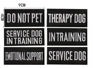 Set of 6 Service Dog patches with white embroidery on black, size 9x4cm each
