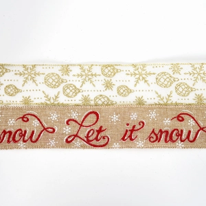 Détail de ruban de Noël en lin avec flocons dorés et lettrage Let it snow scintillant