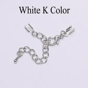 Detailed view of White K silver extension chain with lobster clasp and ribbon crimps
