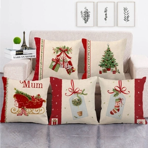Set of 5 Christmas themed linen throw pillow covers with festive red tree and gift prints