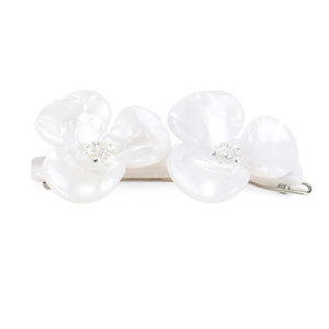Elegant floral hair clip featuring two white resin petals with shimmering rhinestone centers