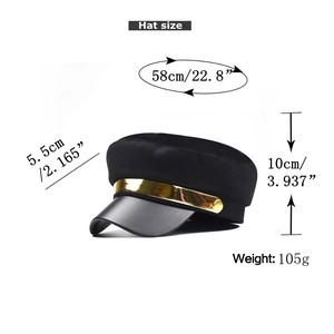 Technical specifications and dimensions for the black newsboy cap with gold band