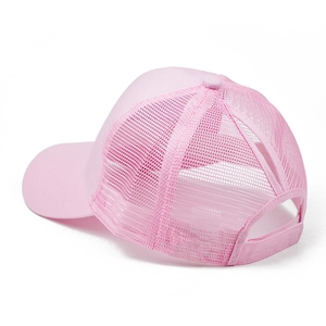 Detail view of pink mesh ponytail baseball cap showing rear opening for high ponytails