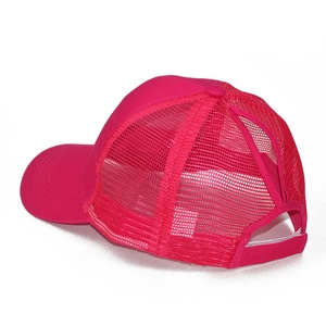 Detail of rose red ponytail baseball cap showing breathable mesh and adjustable velcro strap