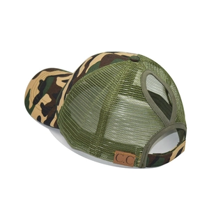 Detail of camo mesh baseball cap with high ponytail hole and adjustable velcro strap