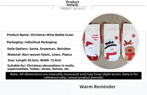 Detail view of Santa Claus, Snowman and Reindeer wine bottle covers with size specifications