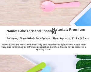 Detailed close-up showing 11.5cm pink, green, and blue disposable plastic dessert sporks