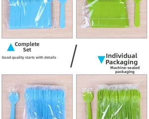 Detail showing bulk and individual packaging for blue and green plastic sporks