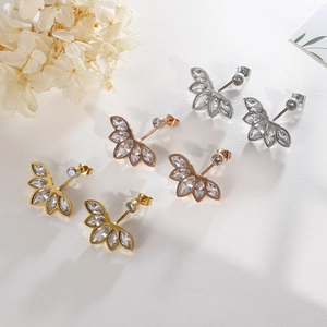 Three pairs of elegant zircon floral stud earrings in gold, rose gold and silver finishes