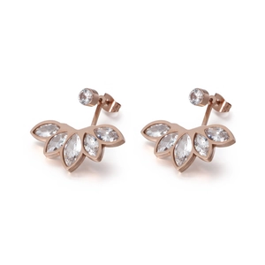 Elegant rose gold flower ear jackets with sparkling zircon stones on white background