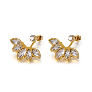 Flower Fan Shape Ear Jacket Earrings With Marquis Cut Zircons Stainless Steel Leaf Dangle Fashion Jewelry For Women