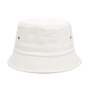 Detail view of white cotton bucket hat featuring metal eyelets and stitched brim