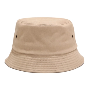 Minimalist khaki cotton canvas bucket hat with metal eyelets and multi-row stitching