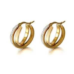 Triple Hoop Earrings For Women 316L Stainless Steel Sparkling Zircon Interlaced Geometric Jewelry Luxury Minimalist Style