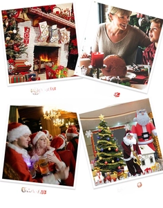 Felt Christmas stockings shown in home, restaurant, bar, and mall festive decor scenes