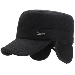 Men's winter flat top wool cap in black with ear flaps and metal brand emblem