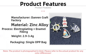 Detail of nautical zinc alloy pins showing lighthouse and anchor enamel craftsmanship