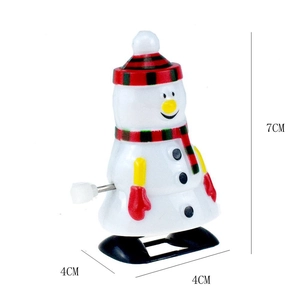 Detailed view of white snowman wind-up toy with size dimensions 7cm x 4cm x 4cm