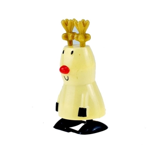 Close-up of wind-up reindeer toy with red nose and brown antlers on white background