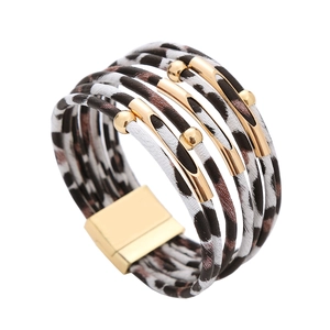 Detail of multi-layer leopard print leather bracelet with golden magnetic buckle clasp