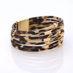 Detail of multi-layer leopard print bracelet with gold magnetic clasp and metal beads
