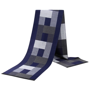 Mens winter knit scarf featuring navy blue and grey geometric plaid patchwork design