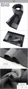 Macro detail of black and grey plaid scarf showing dense knit texture and fine fringe