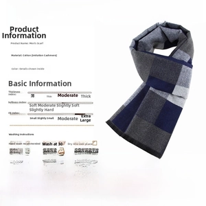 Detailed view of blue and grey plaid scarf with material and size specifications