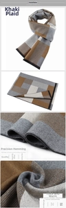 Macro detail of khaki plaid scarf showing thick brushed texture and precise stitched edges