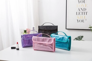 Detail of waterproof PVC sequin toiletry bags with hanging handles and snap closures
