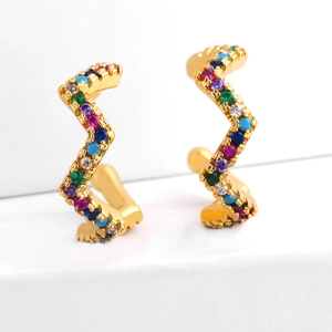 Golden zigzag ear cuff with colorful rainbow zircon stones and wavy geometric design