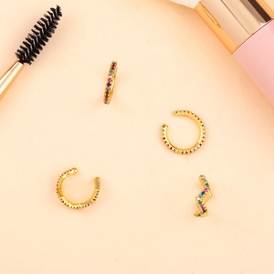 Rainbow cubic zirconia ear cuff set with colorful stones in polished gold finish
