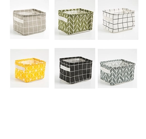 Detailed view of six patterned cotton linen foldable storage baskets in a grid layout