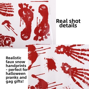 Close-up of realistic Halloween bloody handprints and splatters on window decals