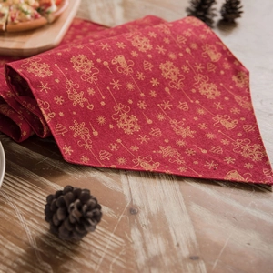 Chemin de table de Noël rouge festif avec motifs de cloches dorées sur bois