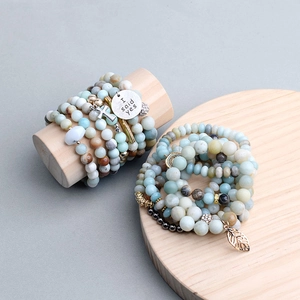 Multi-layer natural stone beaded bracelet with I Said Yes charm and silver pendants