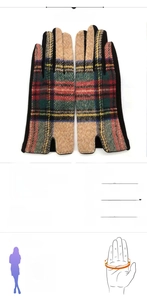Detailed size chart and washing guide for plaid wool winter gloves for women