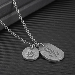 Vintage stainless steel necklace with sun face and lightning bolt double pendants